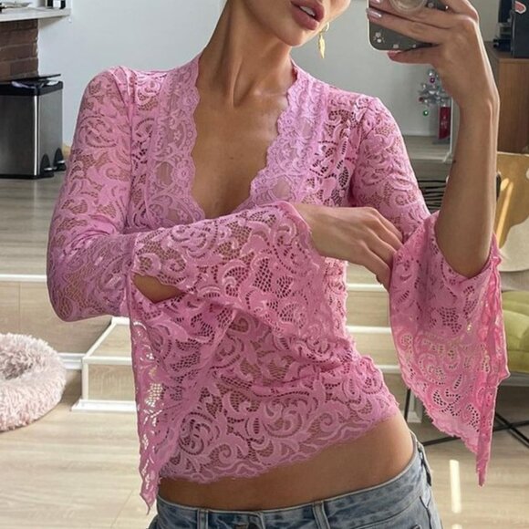 💖 Dramatic Sheer Lace Bell Sleeve Top - Y2K Style! 🖤 - Picture 1 of 6